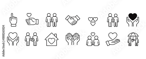 Relationships and family line icons set. black silhouettes on white background, modern simple flat design for love, care, and partnership