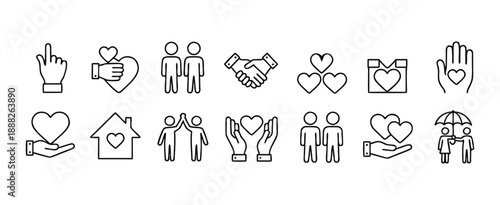 Relationships and family line icons set. black silhouettes on white background, modern simple flat design for love, care, and partnership