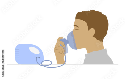 Man using nebulizer for respiratory disease treatment, electric medical tool application.