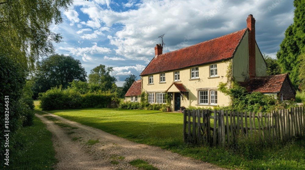 Fototapeta premium Charming countryside house with a red roof and grassy yard near a dirt road surrounded by trees and bright blue sky.