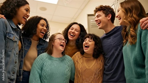 Inclusive group of diverse high school students, including teenagers with Down syndrome, laughing and hugging together in a school hallway near lockers, celebrating friendship.