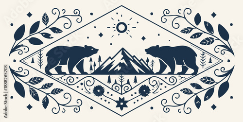 Majestic bears roaming mountains under sunny sky with floral patterns