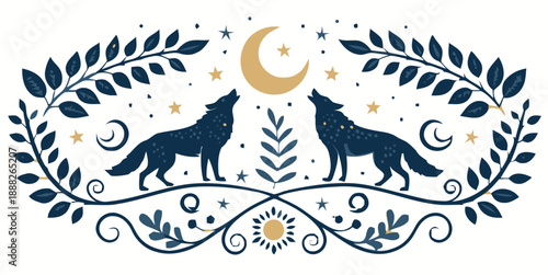 Two wolves howling at moon in celestial night scene