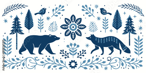 Winter forest scene with bear and wolf in blue tones