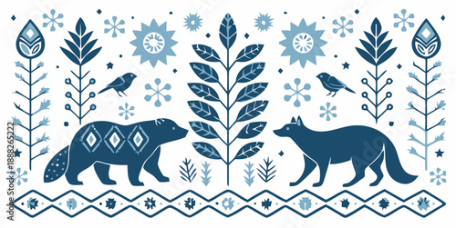 Blue bear and wolf illustration with floral patterns and birds