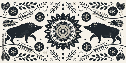 Vibrant boar design with floral patterns and mandala