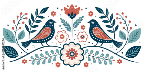 Vibrant birds perch on floral branch with blooming flowers