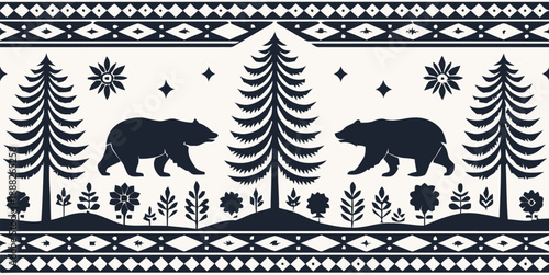 Majestic bears roaming through forest with trees and flowers