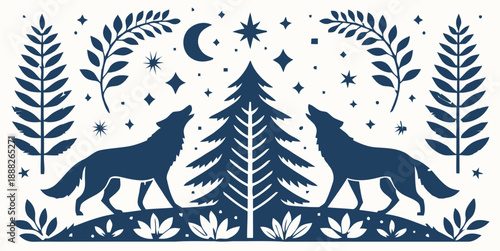 Wolves howling at night under starry sky with trees