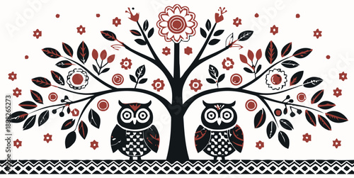 Whimsical owls perched on tree with vibrant flowers and leaves