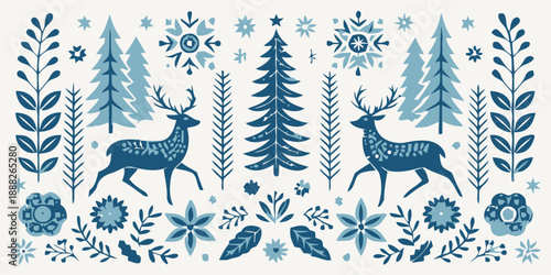 Winter wonderland scene with deer and snowflakes in blue hues