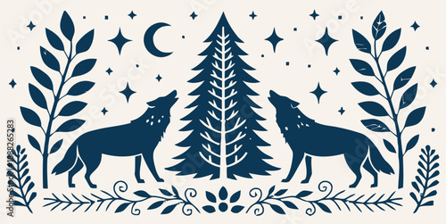 Mystical wolves howling under moonlight in forest