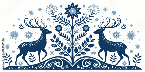 Majestic deer with large antlers surrounded by floral patterns and stars