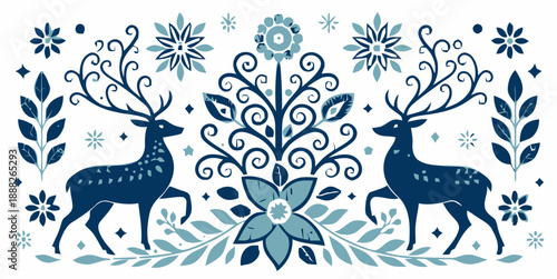Elegant blue deer illustration with floral patterns