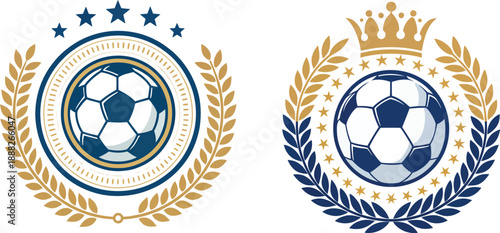 Premium football championship crest logo set with soccer ball laurel wreath stars and royal crown, luxury blue and gold circular sport emblem collection, flat vector illustration isolated