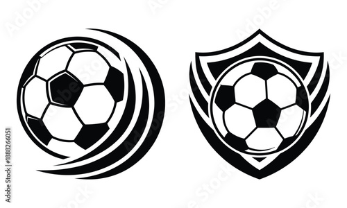 Black and white soccer logo set with football ball swirl motion and shield emblem, minimal monochrome sport icon collection, flat vector illustration isolated on white background