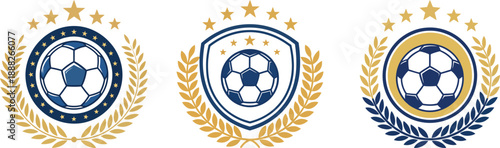 Football club crest logo set with soccer ball laurel wreath and stars, classic championship badge collection in blue and gold colors, flat vector illustration isolated on white background