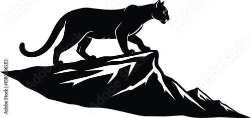 Mountain Lion Silhouette on Rocky Peak with Shadow – High Quality Vector Illustration