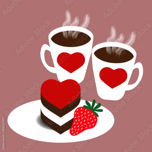Two White Coffee Cups with Heart Designs and Strawberry Dessert