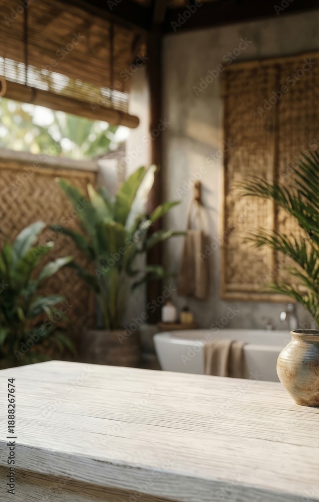 Fototapeta premium Serene outdoor bathroom with wooden counter and tropical plants