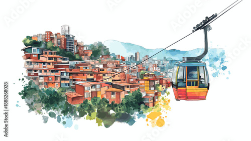 Medellin ? Comuna 13 and Cable Cars. Medellin ? Comuna 13 and Cable Cars hand drawn watercolor illustration
