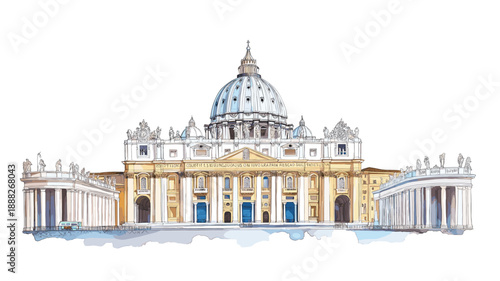 Vatican City and St Peters Basilica. Vatican City and St Peters Basilica watercolor vector illustration