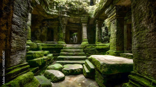 Ancient underground stone temple, covered in moss and grime, with multiple rooms and stairs leading to the main hall.