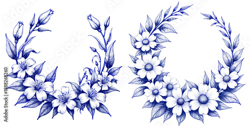Vintage sketch of blue ink flower garland for India's Day  