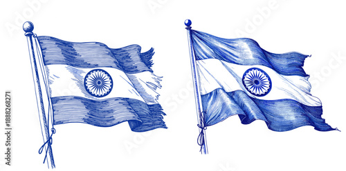 Vintage sketch of Indian flags in blue ink for Independence Day  