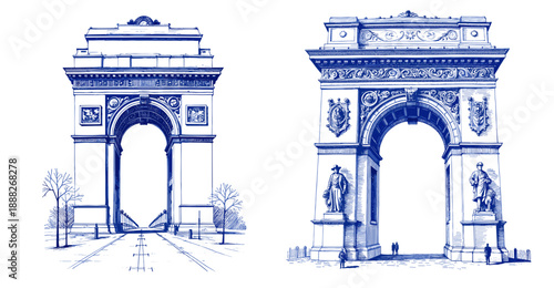 Vintage sketch of monuments arch in blue ink for India Day  