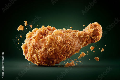 Crispy Fried Chicken Drumstick with Exploding Crumbs on Dark Green Background created with Generative AI Technology, ai, generative 