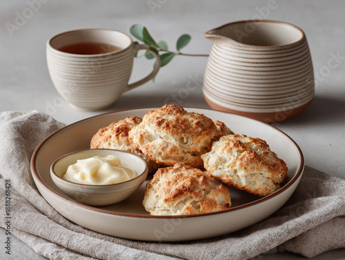 Rustic Homemade Biscuits on Ceramic Plate with Afternoon Tea created with Generative AI Technology, ai, generative 