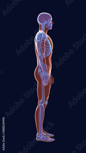 3D animation of a human male body with a visible skeletal structure. This 3D-rendered graphic footage uses an X-ray stylistic of a male body in perspective projection to highlight human anatomy.
