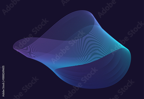 Fluid element, rippled Swirl. Abstract amorphous linear shape. Smooth Blue gradient Curve. Wavy volumetric moving vortex. Modern digital design for background. Isolated. Vector illustration