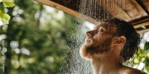 Enjoying a refreshing outdoor shower experience while surrounded by natures breathtaking beauty