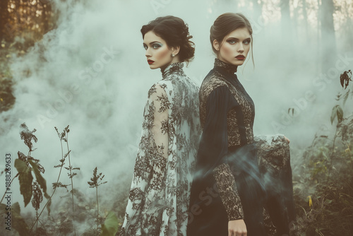 Beautiful models in cashmere materials, set in a foggy, mist-covered forest