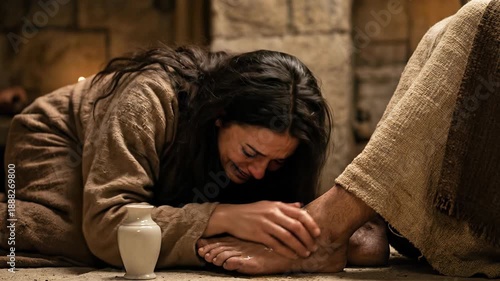 Biblical Scene of Repentant Woman Mary Magdalene Kneeling and Washing Feet of Jesus Christ with Perfume Jar inside Ancient House Depicting Forgiveness and Humility Concept in New Testament