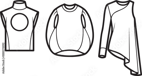 Outline drawings of stylish women's tops including mock neck, sweatshirt, and draped blouse