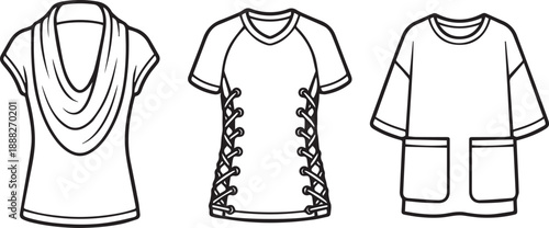 Set of women s short sleeve cowl neck top lace up t-shirt and wide sleeve pocket top