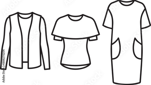 Simple fashion flat illustrations of open front cardigan layered top and casual midi dress