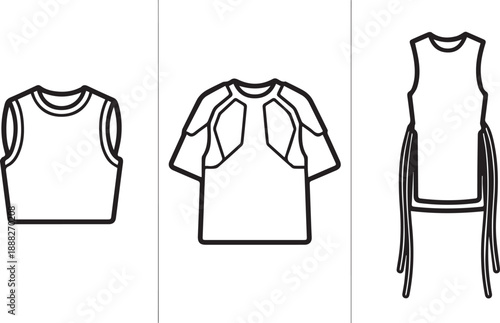 Sporty and futuristic apparel technical sketches including crop top and panelled t-shirt