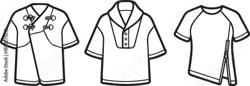 Technical garment sketches of traditional wrap top shawl collar polo and zip detail tshirt