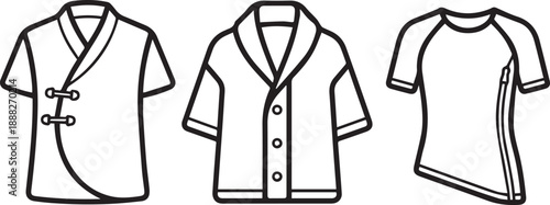 Traditional and modern shirt set including oriental wrap top and pajama collar jacket art