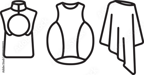 Vector fashion sketches of sleeveless tops, vests, and draped garments for women on transparent