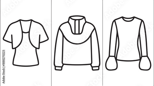 Technical line drawings of contemporary feminine tops with unique collars and bell sleeves