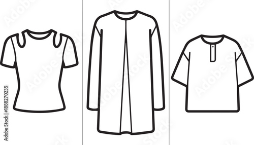 Vector outline of women's tops and shirts for fashion design