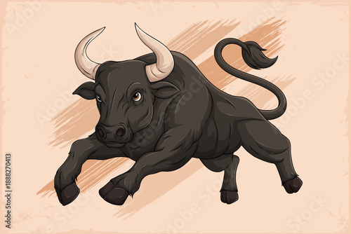 Angry black bull mascot charging forward, powerful muscular cartoon animal with big horns on grunge beige background