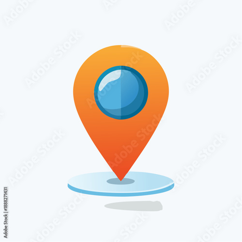 Orange map pin icon with blue sphere on a white background, symbolizing location and navigation