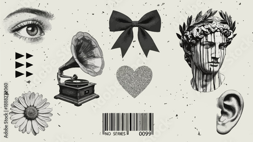 Vintage illustrations of eye, gramophone, heart, statue, and ear, arranged artistically with floral and ribbon elements