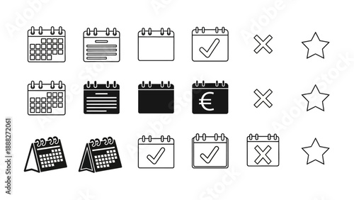Calendar and date icons set with various symbols and notations in a grid layout on a clean background